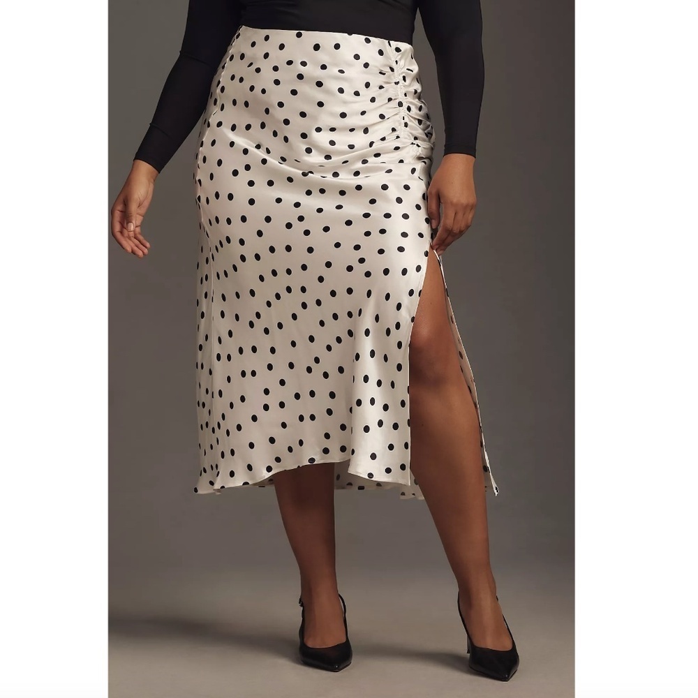 Anthropologie Maeve the Mel Ruched Side-Slit Polka Dot Midi Skirt